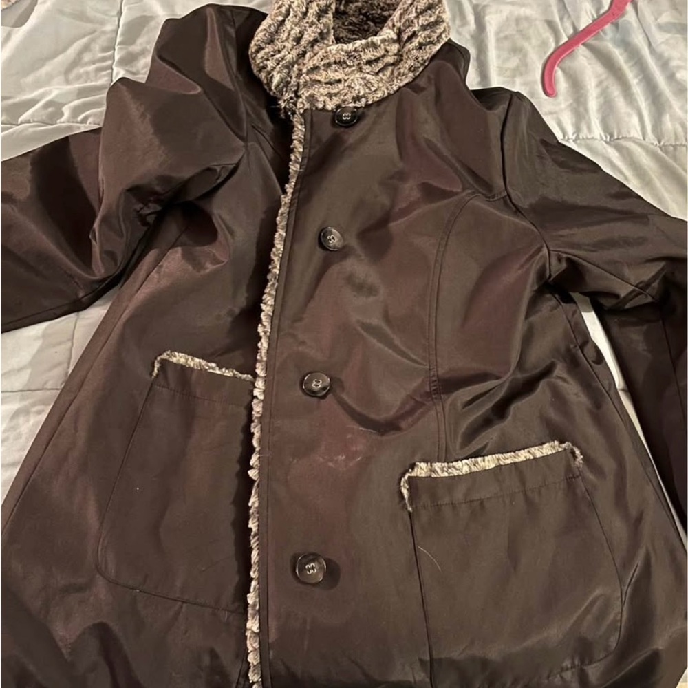 Women's Brown Coat with Faux Fur Trim
